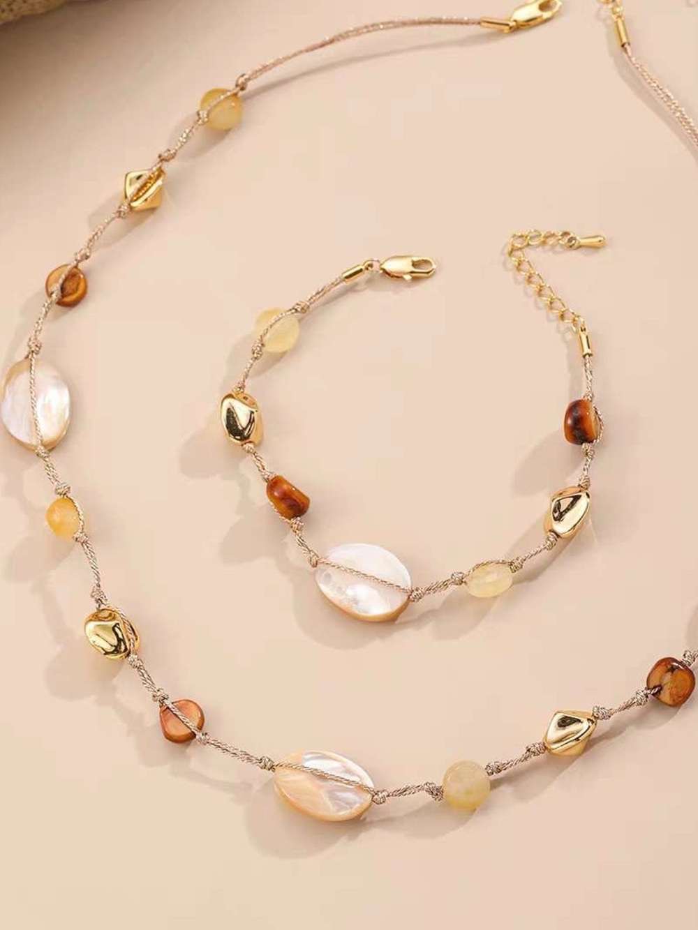 Gold and Shell Beaded Women's Necklace - Cream, Gold, Brown